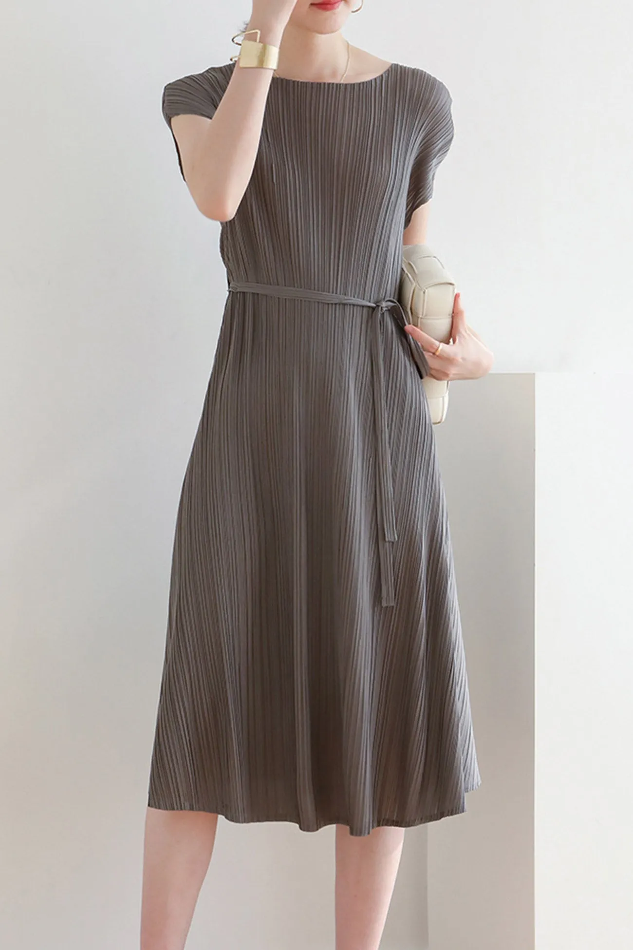 Solid Color Crew Neck Tie-Strap Dress