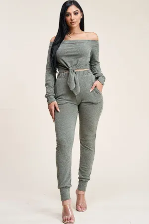 Solid French Terry Top And Pants Two Piece Set
