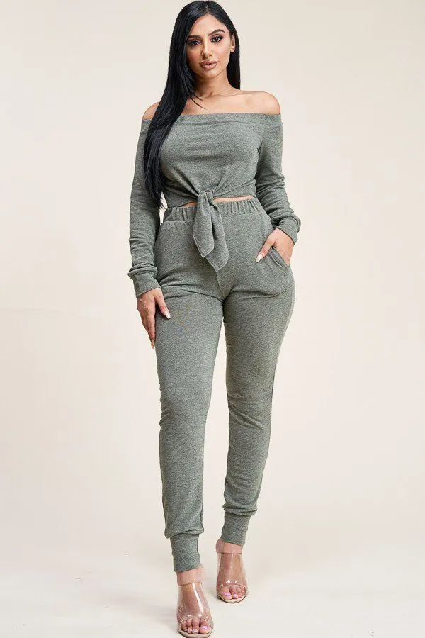 Solid French Terry Top And Pants Two Piece Set