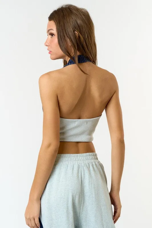 Stretch Denim Halter Top And Jogger Set