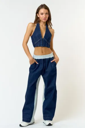Stretch Denim Halter Top And Jogger Set