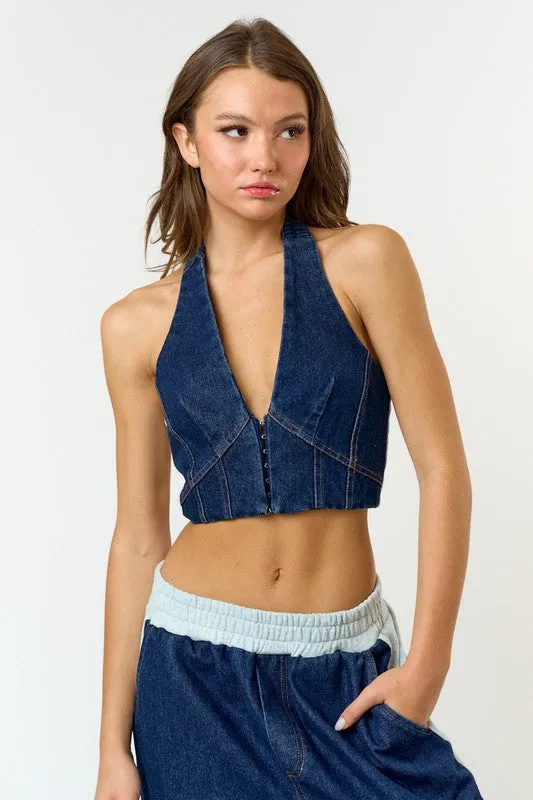 Stretch Denim Halter Top And Jogger Set