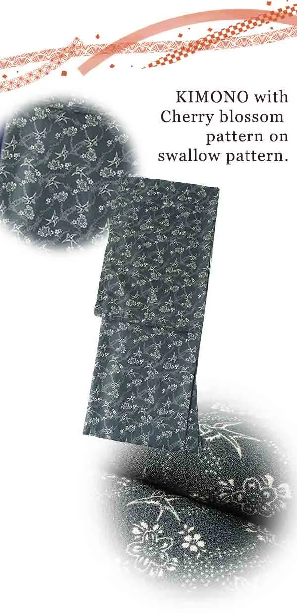 Washable pre-tailored Lined KIMONO【M】(Cherry blossom pattern on swallow pattern)