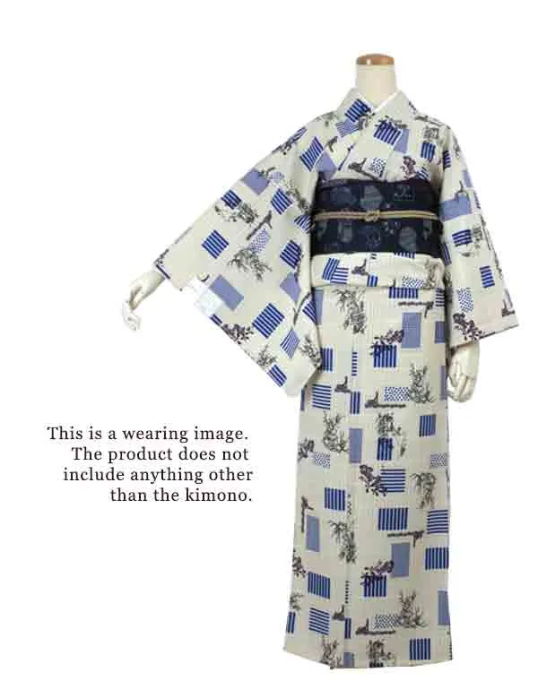 Washable pre-tailored Lined KIMONO【ONE-SIZE】(Blue geometric patterns, polka dots and orchids on latticework pattern.)