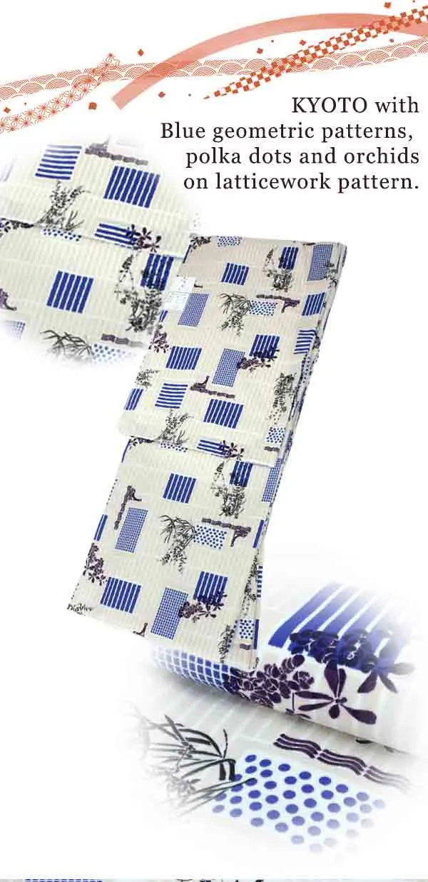 Washable pre-tailored Lined KIMONO【ONE-SIZE】(Blue geometric patterns, polka dots and orchids on latticework pattern.)