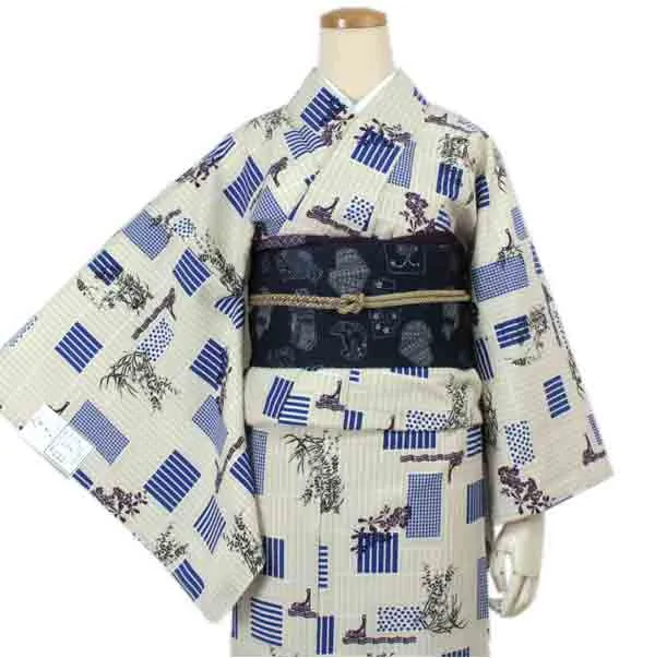 Washable pre-tailored Lined KIMONO【ONE-SIZE】(Blue geometric patterns, polka dots and orchids on latticework pattern.)