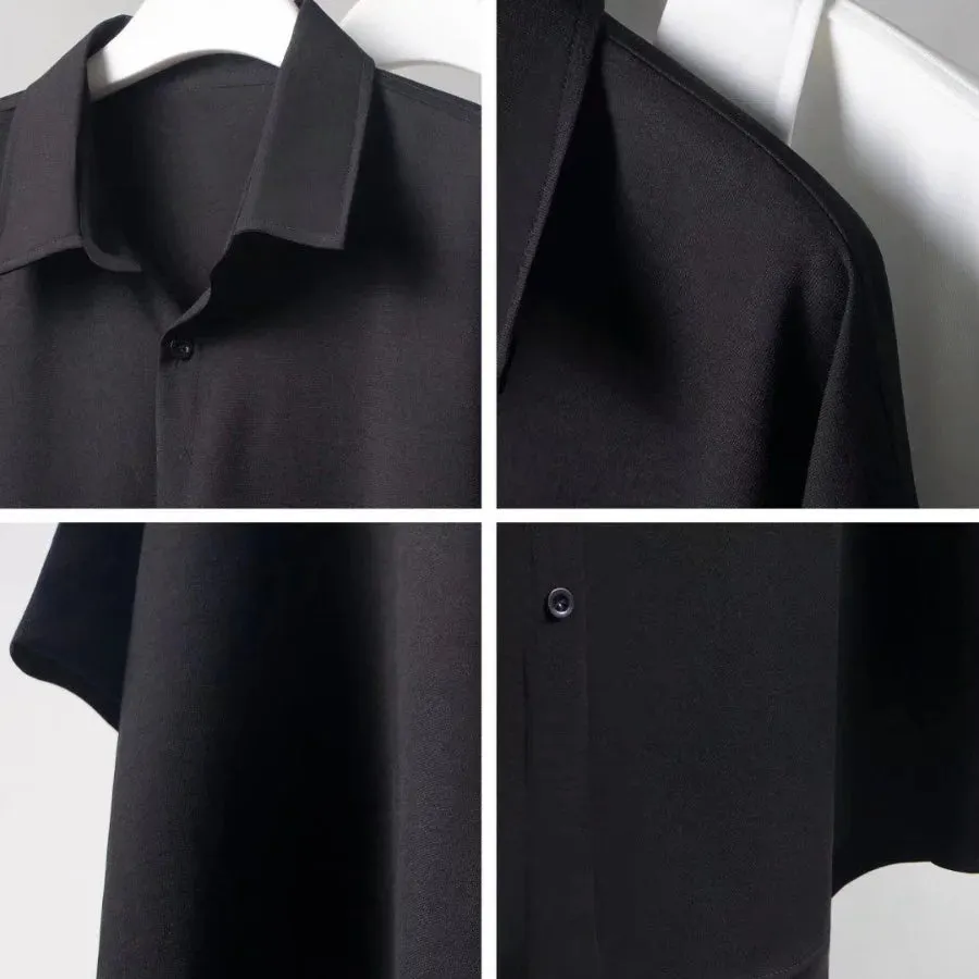 Wiaofellas  -  Ice Silk Short-sleeved Shirts Men's Non-ironing Drape Solid Color Five-quarter Sleeve Shirt Oversized All-match Loose T-shirt