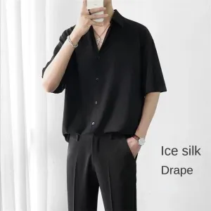 Wiaofellas  -  Ice Silk Short-sleeved Shirts Men's Non-ironing Drape Solid Color Five-quarter Sleeve Shirt Oversized All-match Loose T-shirt