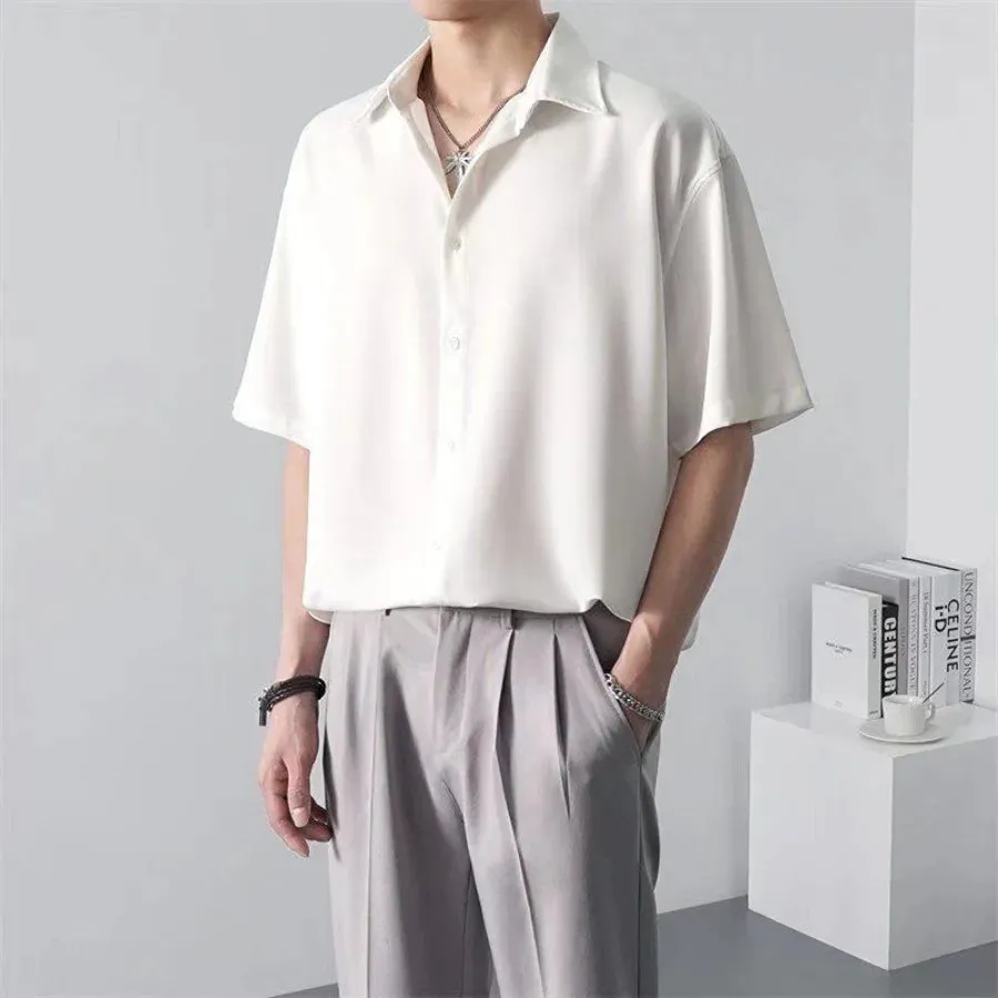 Wiaofellas  -  Ice Silk Short-sleeved Shirts Men's Non-ironing Drape Solid Color Five-quarter Sleeve Shirt Oversized All-match Loose T-shirt