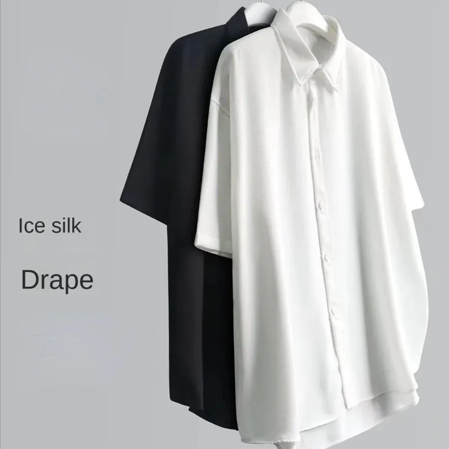 Wiaofellas  -  Ice Silk Short-sleeved Shirts Men's Non-ironing Drape Solid Color Five-quarter Sleeve Shirt Oversized All-match Loose T-shirt