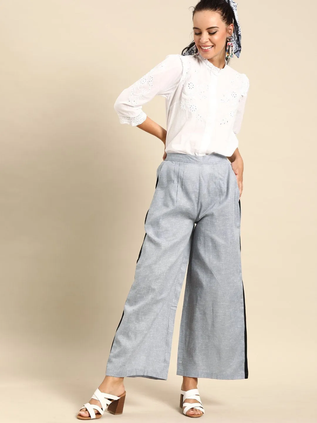 Women Grey  Self Design Cotton Wide Leg Palazzo