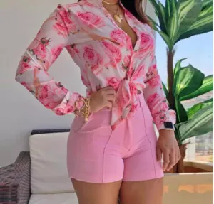 Women Turn-down Collar Floral Long Sleeve Blouses
