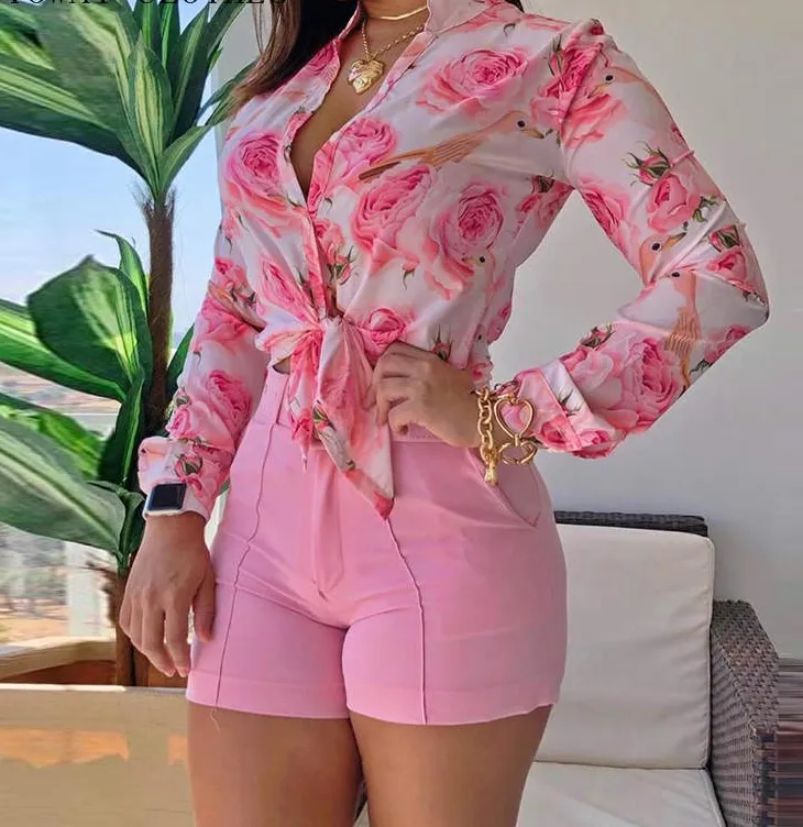 Women Turn-down Collar Floral Long Sleeve Blouses