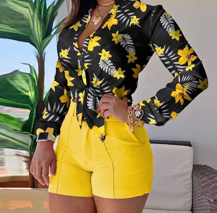 Women Turn-down Collar Floral Long Sleeve Blouses