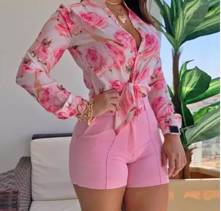 Women Turn-down Collar Floral Long Sleeve Blouses