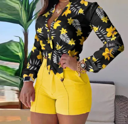 Women Turn-down Collar Floral Long Sleeve Blouses