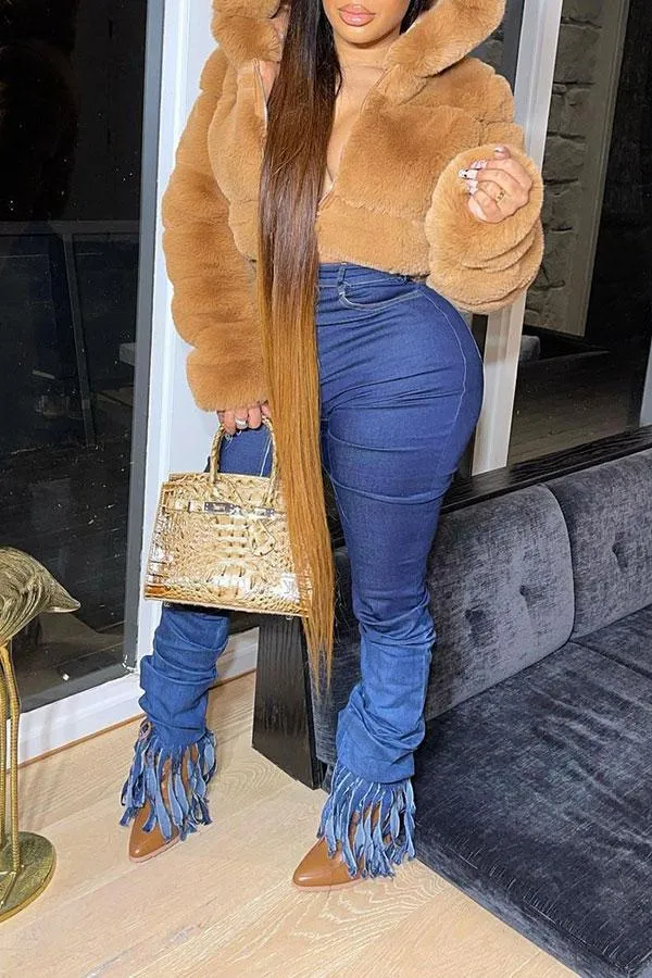 xiangtuibao Solid Color Faux Fur Luxe Hooded Coat